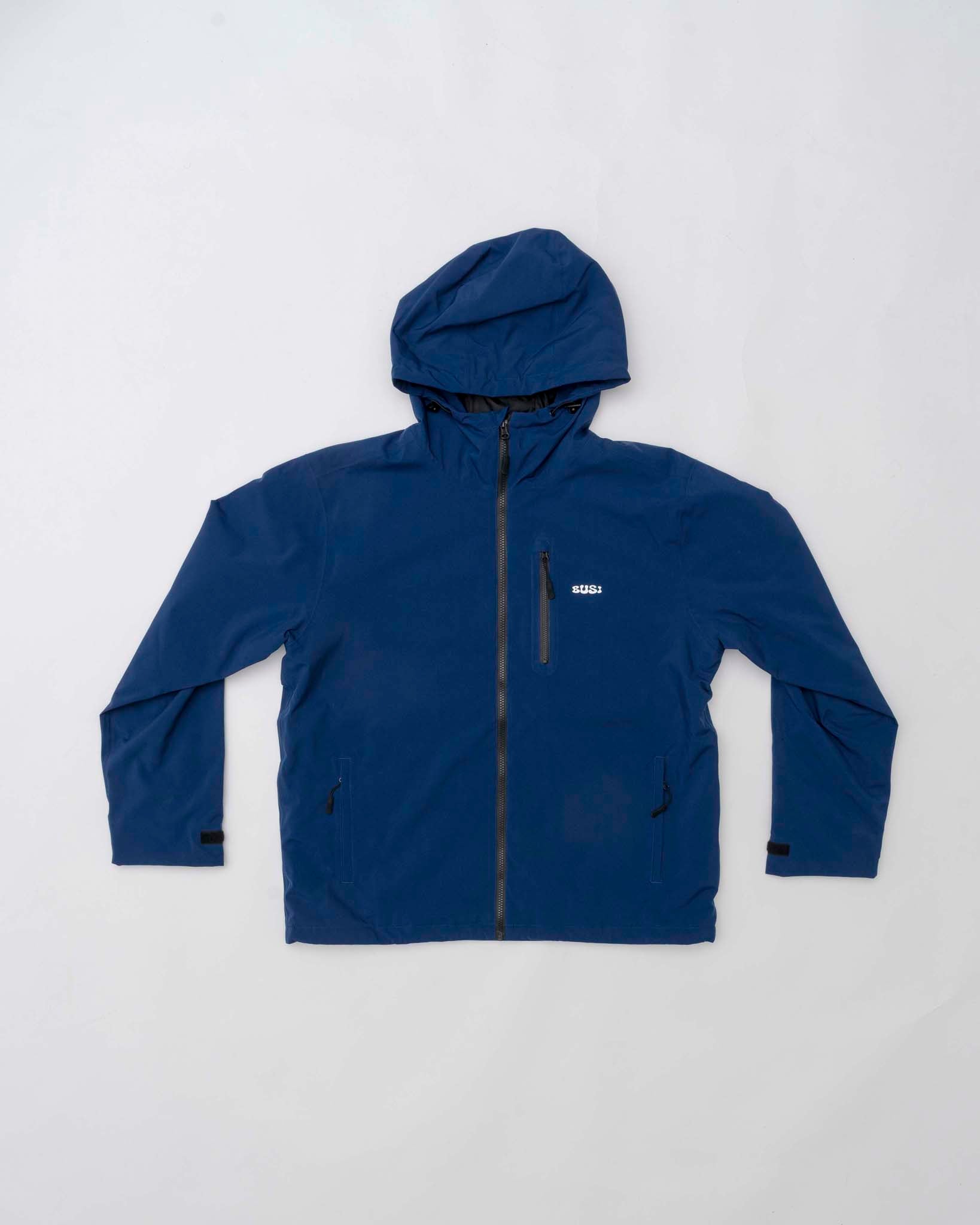Blue hooded jacket with a brand logo on a white background