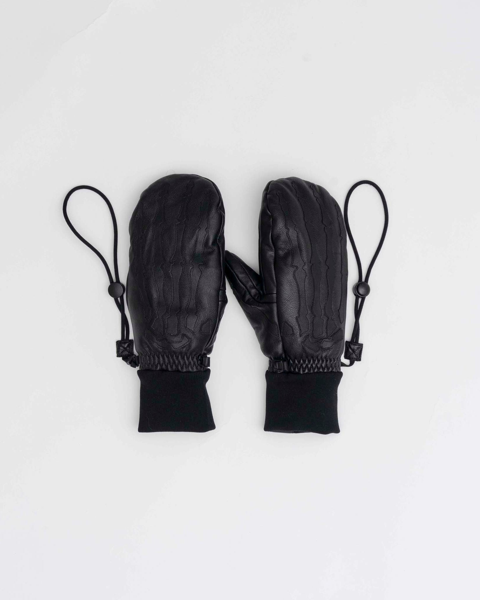 Pair of black leather mittens with drawstrings on a white background
