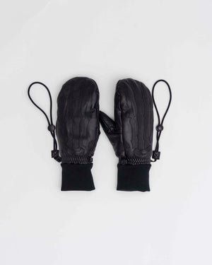 Pair of black leather mittens with drawstrings on a white background
