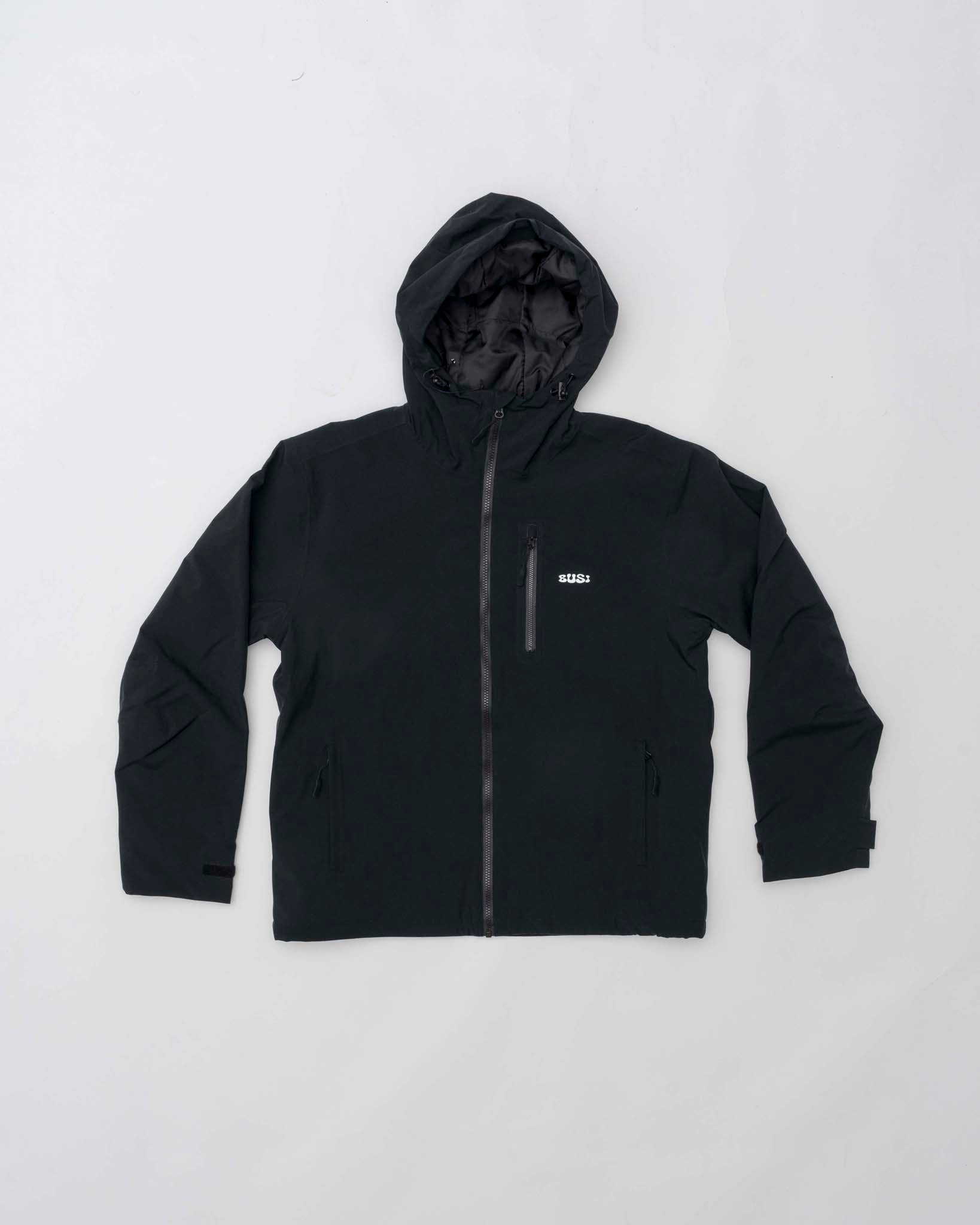 Black jacket with a brand logo on a white background