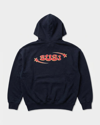 Black hoodie with red 'BUSI' logo on the back against a light gray background