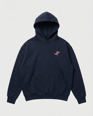 Navy blue hoodie with a small logo on a light gray background