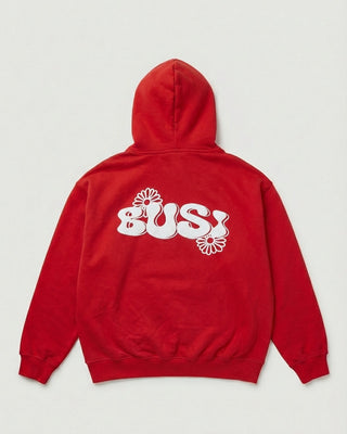Red hoodie with 'BUSI' text on the back against a light gray background