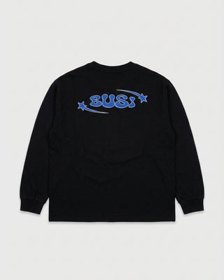 Black long-sleeve shirt with blue logo on the back against a white background