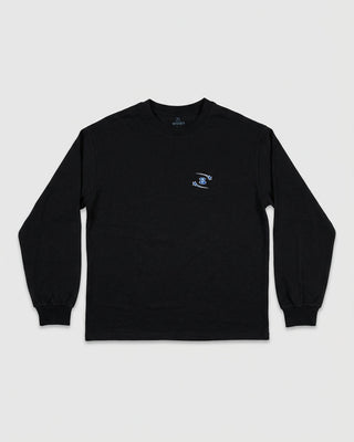 Black long-sleeve shirt with a small logo on a light gray background