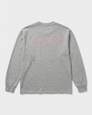 Gray long-sleeve shirt with a pink graphic on the back against a white background
