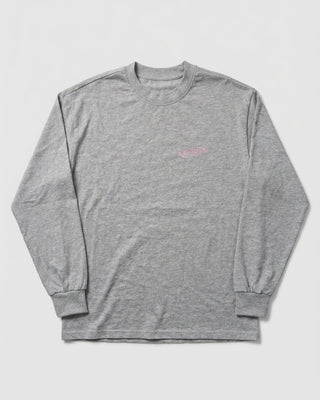 Gray long-sleeve shirt with a small pink logo on a light gray background