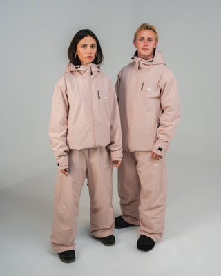BUSI Biggie Pant Dusty Pink snowboard and ski pants, full outfit on male and female models