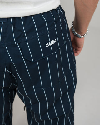 BUSI Biggie Pant Pinstripe snowboard and ski pants, thigh logo detail