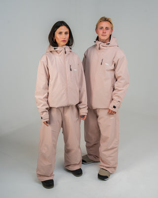 BUSI Core Jacket Dusty Pink snowboard and ski jacket, full outfit on male and female models