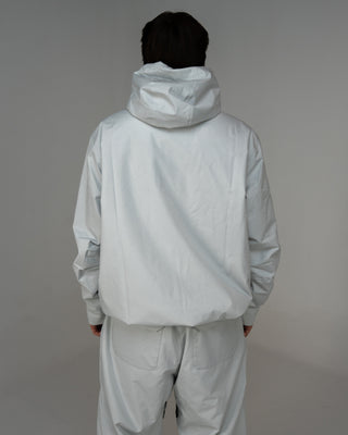 BUSI Core Jacket Light Grey snowboard and ski jacket, back view on model