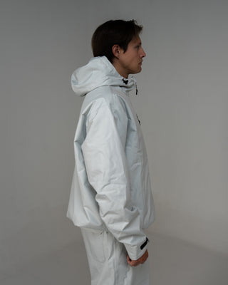 BUSI Core Jacket Light Grey snowboard and ski jacket, side view on model